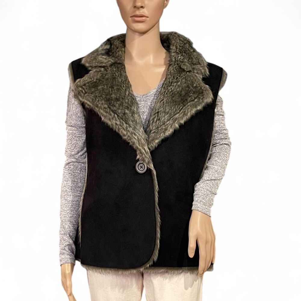 Boden Women’s Faux Fur & Suede Black Vest Size 16 Boho Style Notch Collar Button